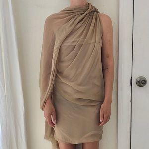Airy, Grecian nude sheer one shoulder dress, lined